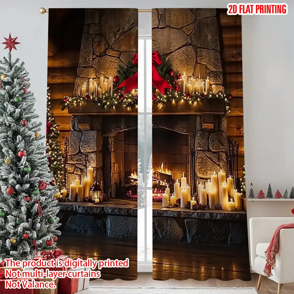 

2pcs 2D flat printing Christmas Window Curtains Country Style Stone Fireplace 100% Polyester Without Electricity Family Party