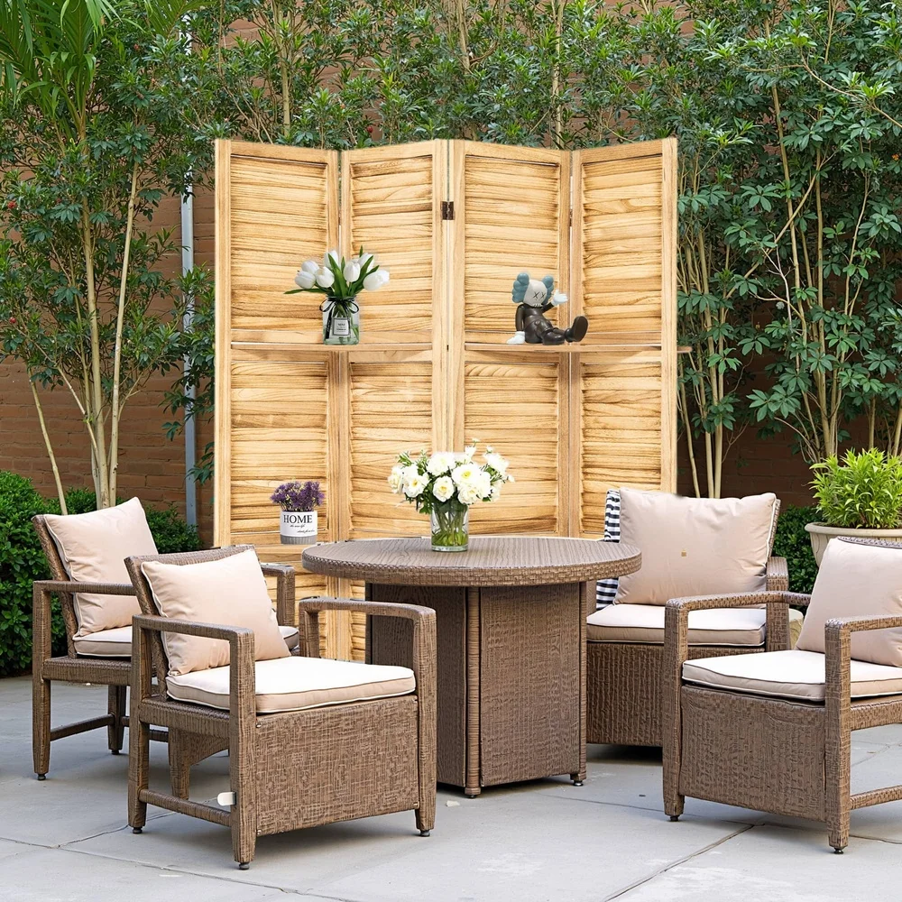4 Panel Freestanding Wood Room Divider with Multi Layer Display Shelves Durable Natural Wood Indoor Partition Organizer
