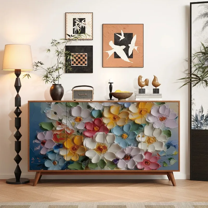 French oil painting solid wood dining side cabinet, textured flower porch decorative cabinet, storage storage, shoe cabinet
