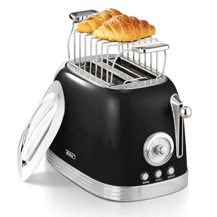 

Glossy Black 2-Slice Retro Toaster with 1.58 Wide Slots Stainless Steel Design Removable Crumb Tray Preheat/Defrost/Cancel Func