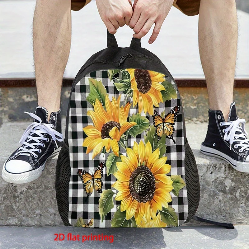 

1 casual backpack - bright sunflower and butterfly pattern on checkerboard background, durable polyester material