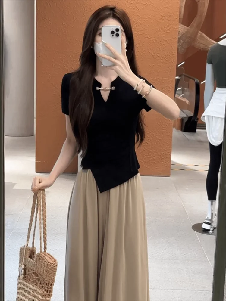 New Chinese Style Button up Top Women Summer 2026 Design Sensation Small Audience Irregular Slim Short Sleeve T-Shirt