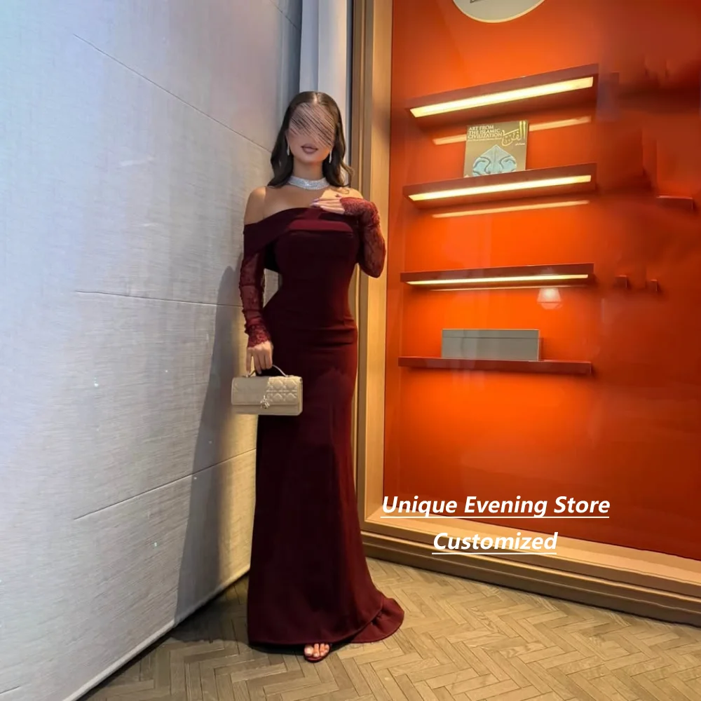 Customized Burgundy Stretch Crepe Mermaid Mother of the Bride Dresses Off Shoulder Lace Sleeve Rhinestone Side Formal Dress