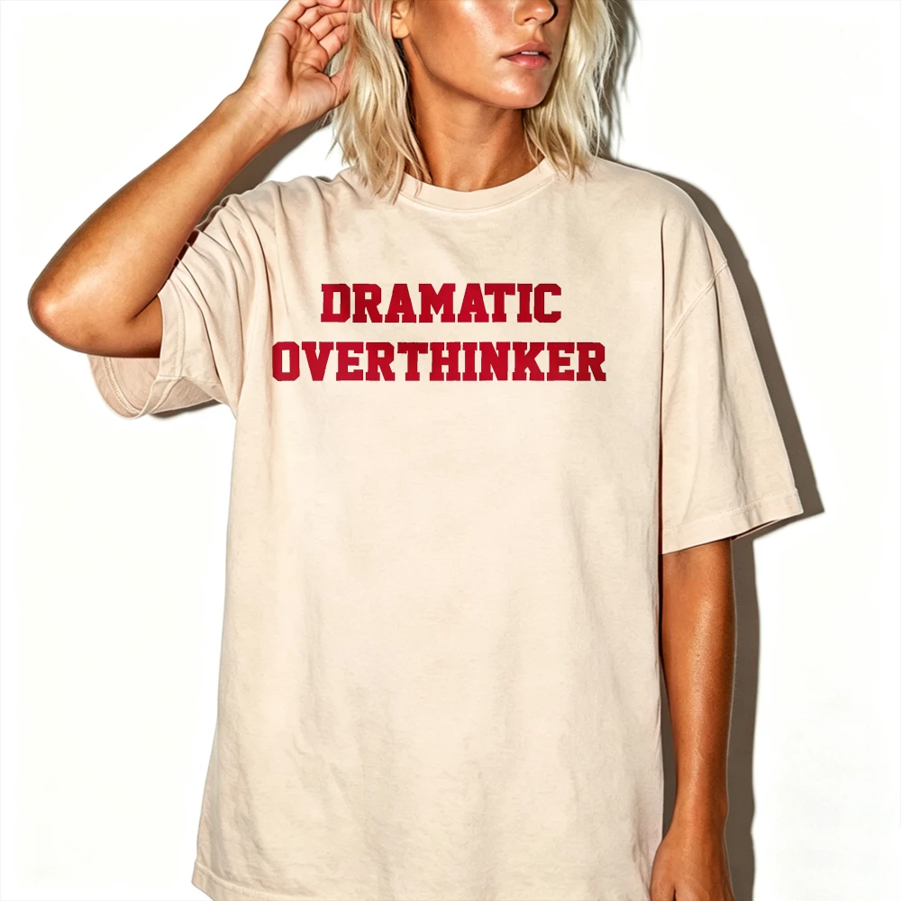 Dramatic Overthinker Red Distressed Letter Slogan T-Shirt Women Funny Mood Quote Print Crewneck Grunge Streetwear Aesthetic Tops