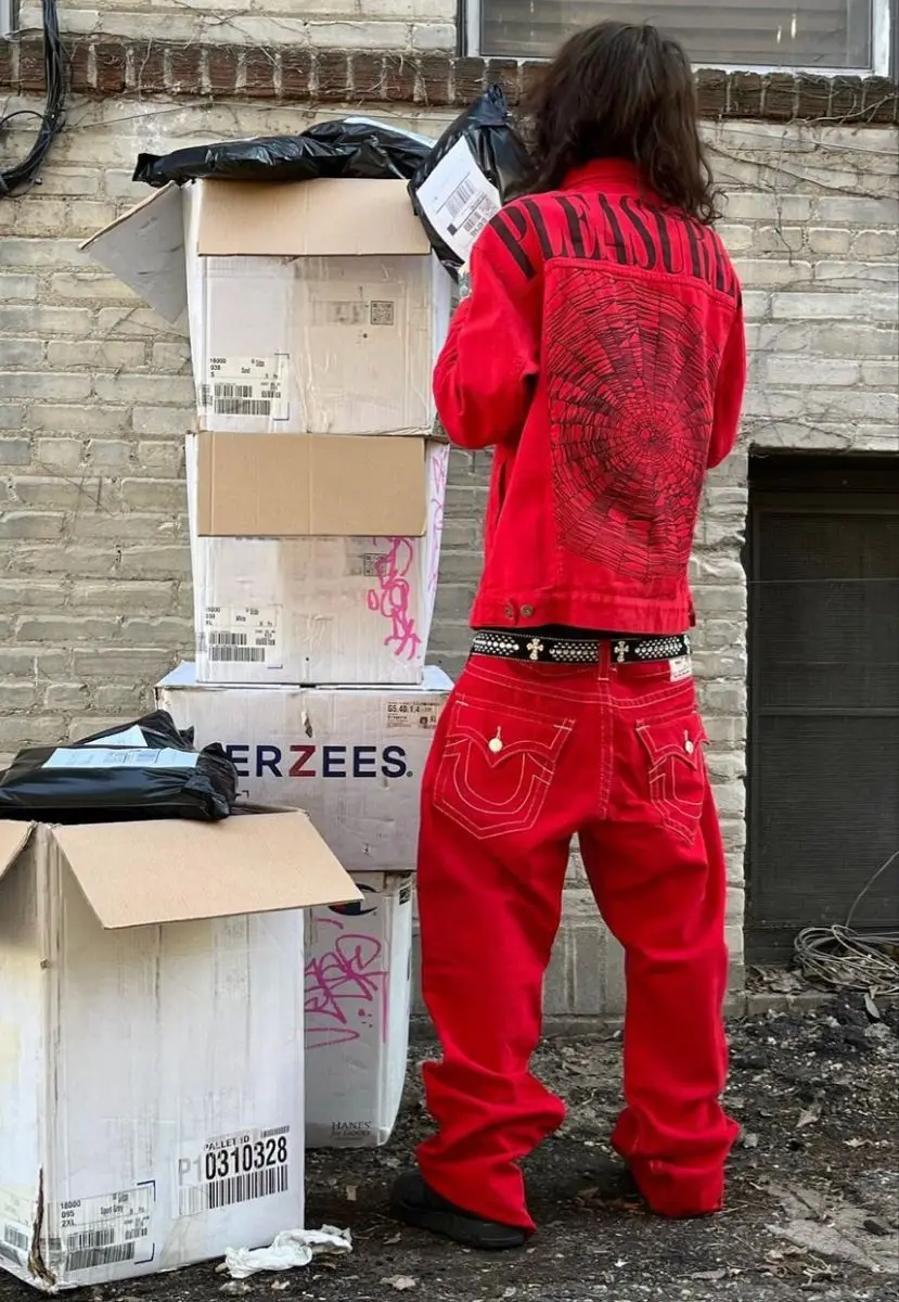 

Y2k Vintage 2000s Buddha Red Robins Jeans High Street Denim Pants Wide Leg Jeans High Waist Straight Harajuku 2000s Men Clothing