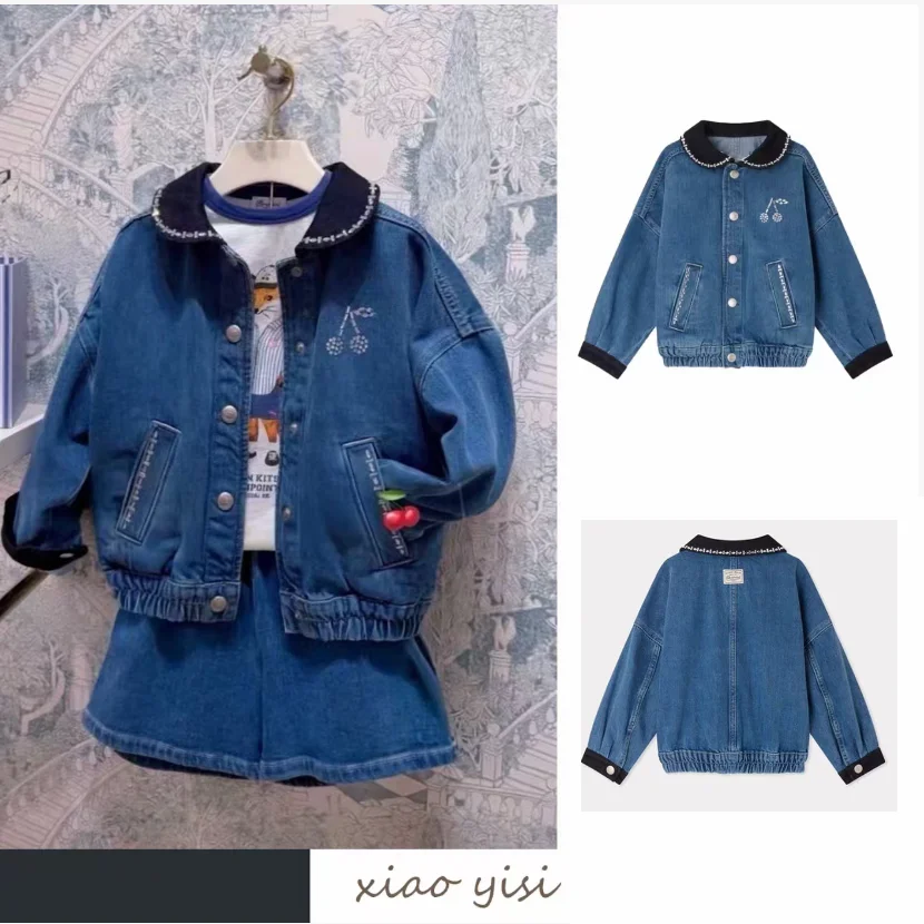 Kids Denim Coat 2026 Winter New Printed Fashion Lapel Blue Washed Denim Jacket Cotton Thickened Inlaid Rhinestone Boys Girls Top
