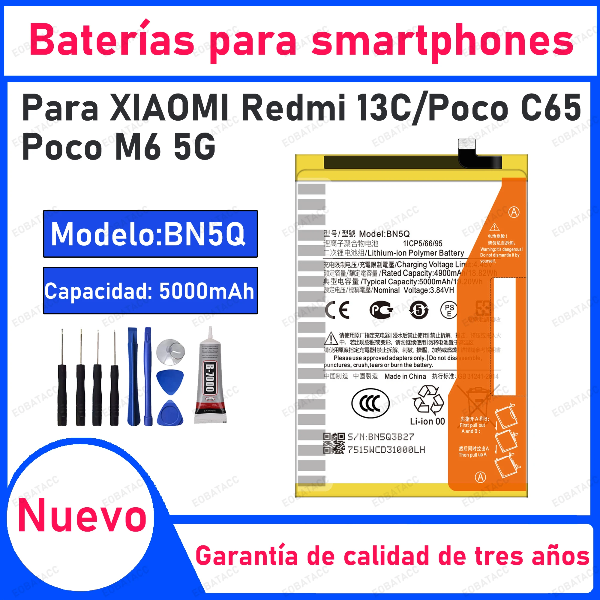 

100% New 5000mAh BN5Q Battery For Redmi 13C/Poco C65/Poco M6 5G Replacement Bateria+Free Tools