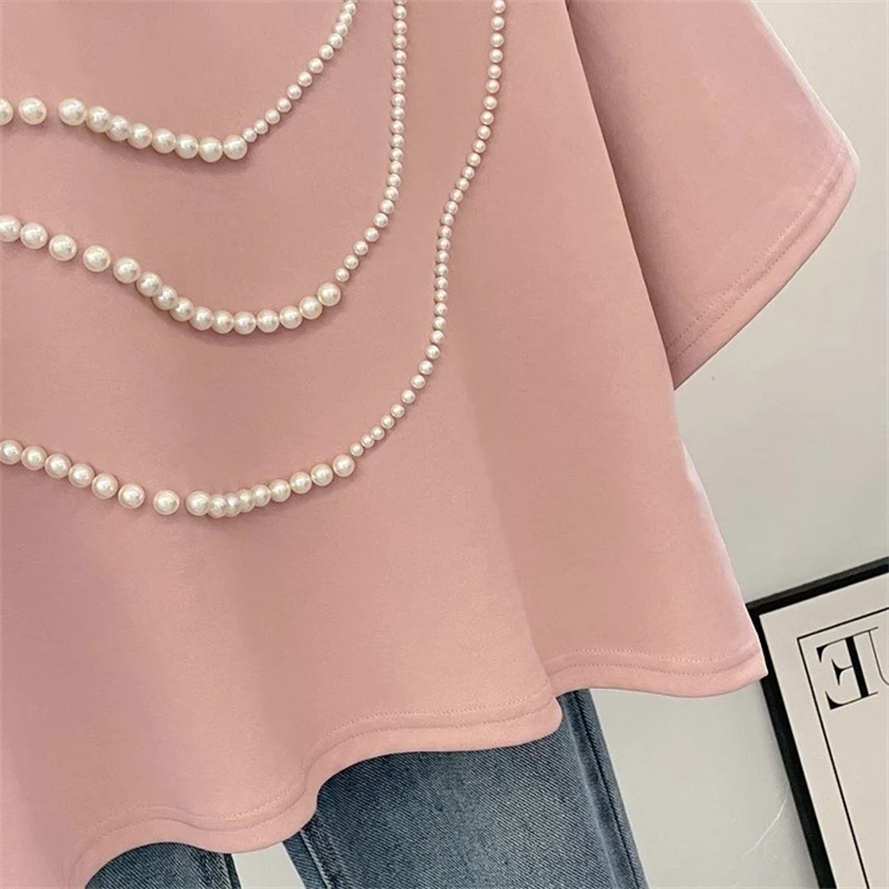 تي شيرت كوري Sle بتصميم جميل ثقيل مزين ort Sve تي شيرت نسائي صيفي كسول فضفاض متعدد الاستخدامات للتنحيف مستدير Ne