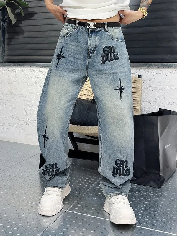 

Retro American Embroidered Loose Fit Straight Leg Men's Jeans Trendy Versatile Long Trousers Casual Faion Spring 2026