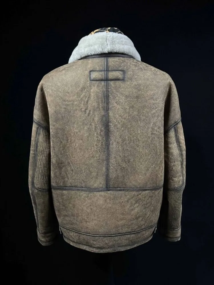 Mens Real Fur New Winter Vintage Casual Thicken Warm Shearling Coat High Quality Oil Wax Sheepskn Genuine Leather Pilot Jacket