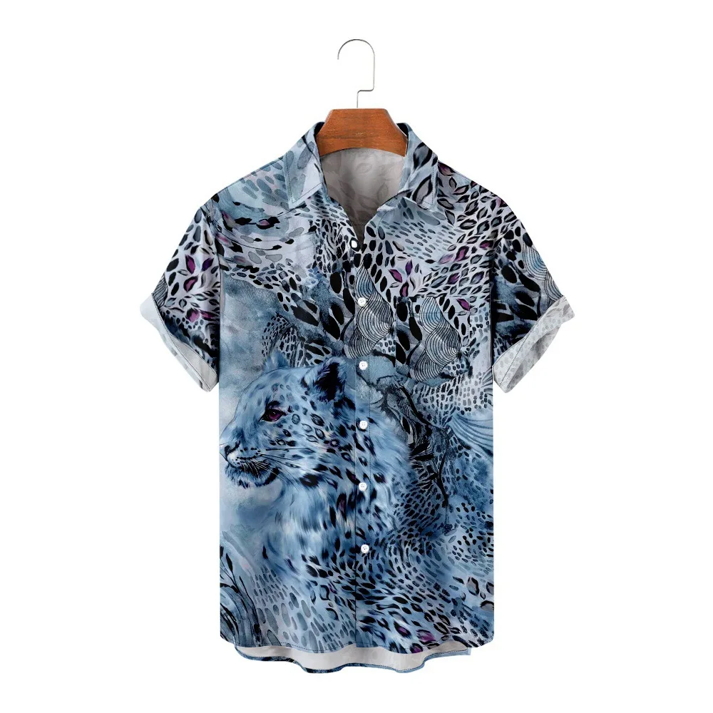 

Роскошная мужская однобортная рубашка в стиле хип-хоп с текстурой животных и 3D принтом, повседневная женская блузка с коротким рукавом, летние рубашки с откидным воротником