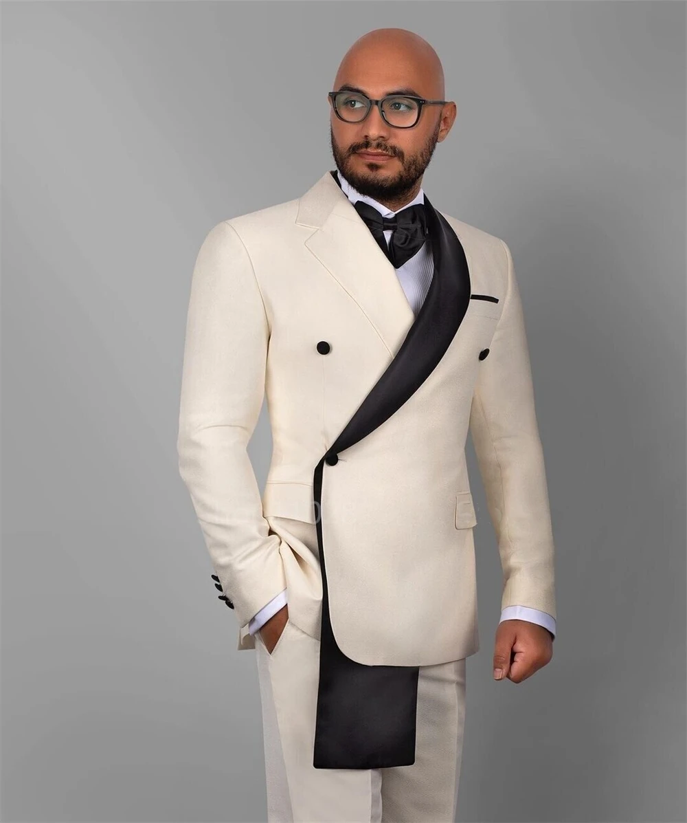 Conjunto de blazer e calça slim fit com peito duplo masculino, sking de lapela xale, baile, casamento, negócio, moda, 2 peças, 2024