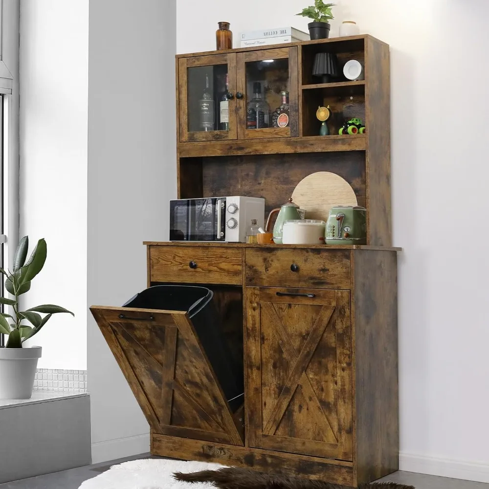 Dual Tilt Out Trash&Storage Cabinet, Kitchen Sideboard Cupboard W/Pet Proof 10X2 Gal Hidden Garbage Holder, Freestand Laundry S