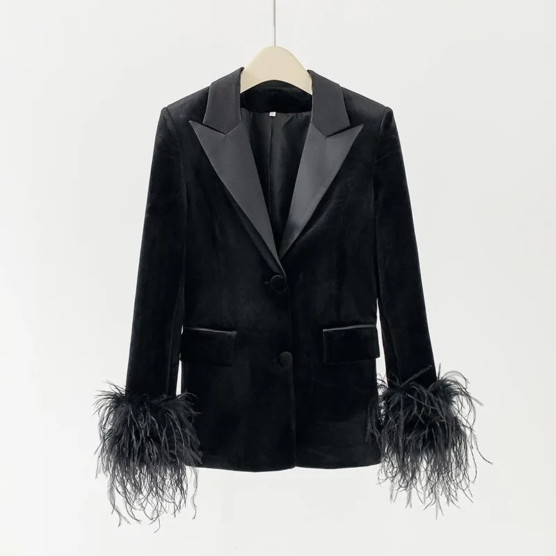Spring Autumn Ladies Velvet Suit Jacket Black Single Breasted Satin Lapel Removable Feather Cuff Slim Fit Business Party Outerwe