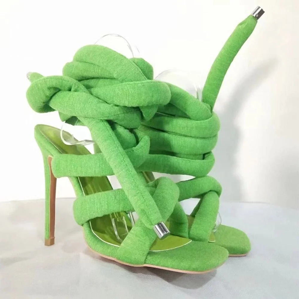 Design Dark Denim Knotted Strap Stiletto Heels Square Open Toe Chunky Thick Denim Straps Metal Tip Details Summer Casual Sandals view 5