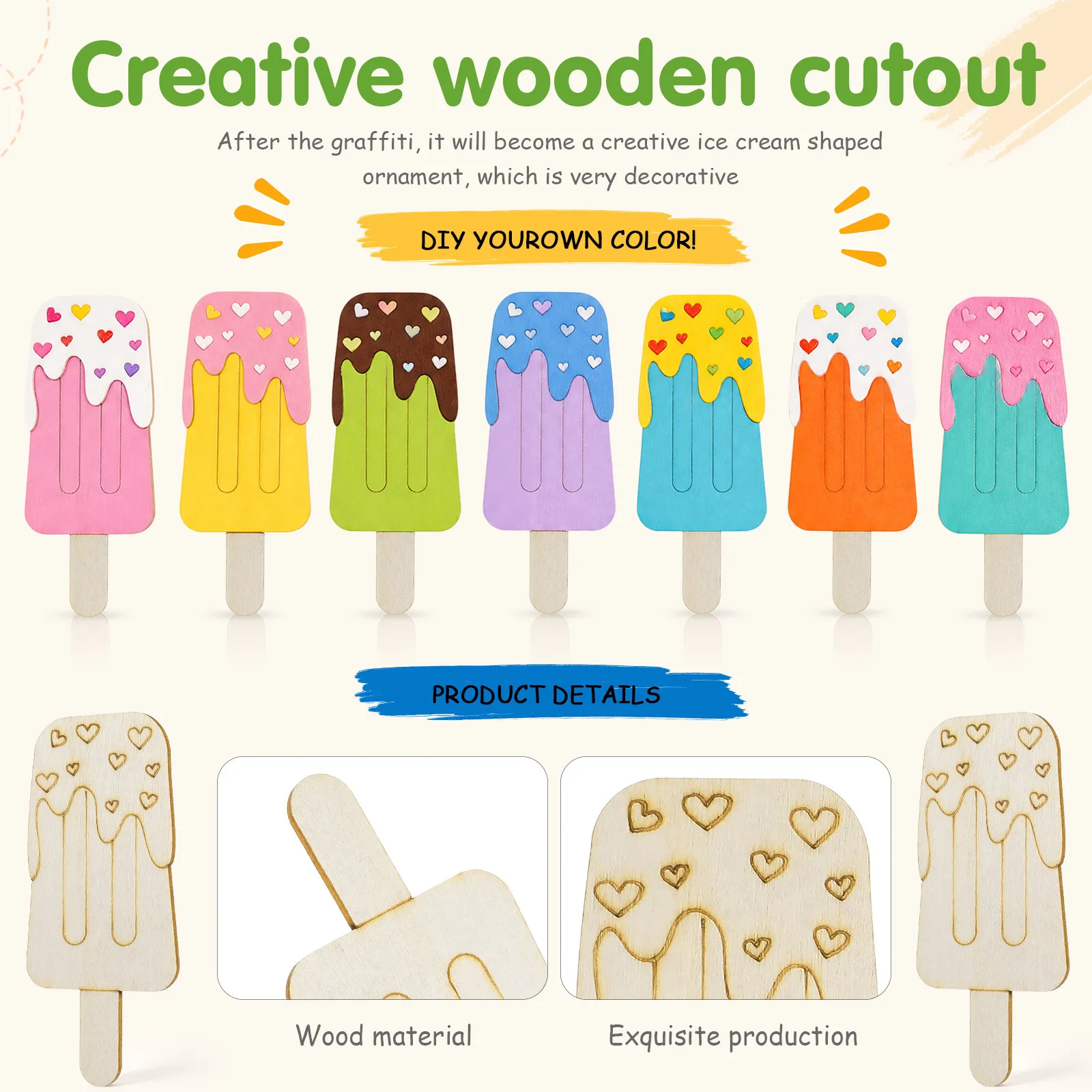 Wooden Ice Cream Cutouts 30Pcs Unfinished Blank Wood Shapes for DIY Painting Crafts Party Decorations