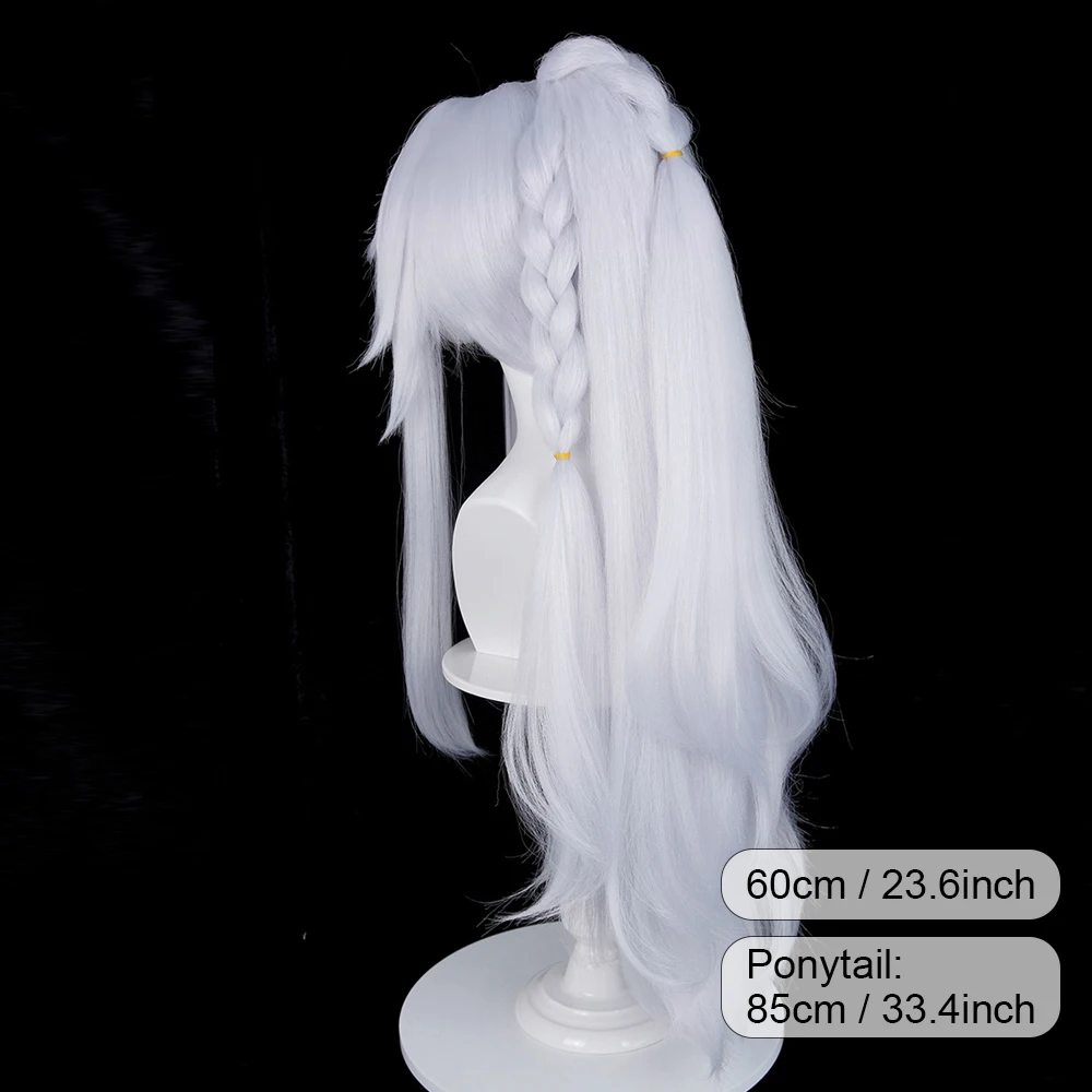 Silver White Yellow Highlights Long Straight Synthetic Wigs with Bangs Anime Game Cosplay Fluffy Wig with Ponytail Clip