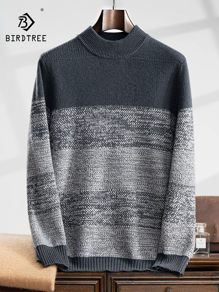 

BirdTree, 35% Cashmere 65% Wool Thick Sweater, Men Mock Neck Striped, Business Versatile Pullover, 2024 Autumn Winter T47964QC