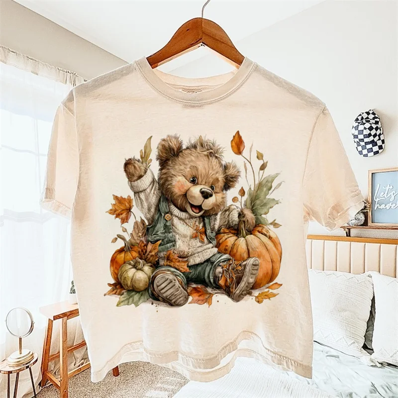 Kawaii Short Sleeved Autumn Fashion Pumpkin Happy Bear Printed Women's Regular Versatile Cute Pattern Top Round Neck White T-Shi