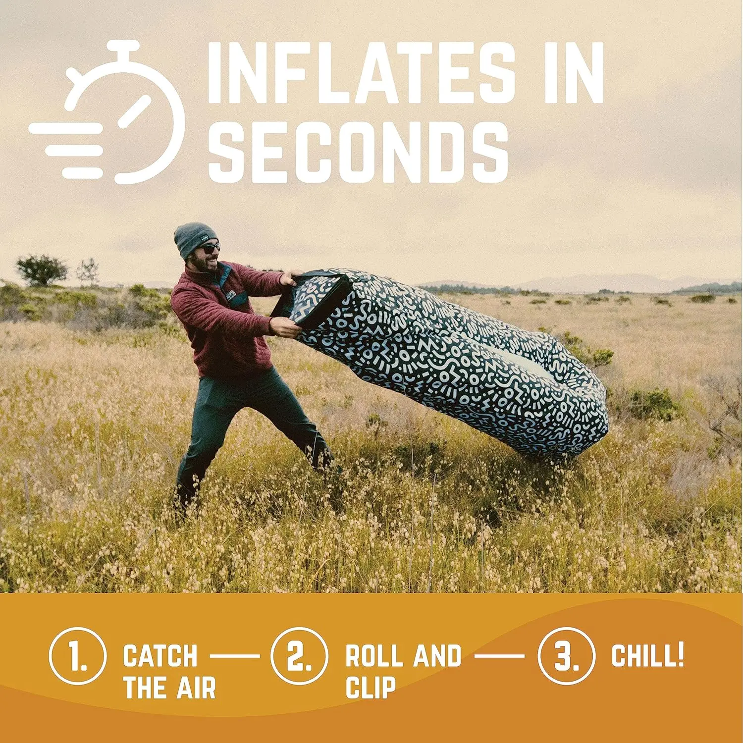 Inflatable Lounger with No-Pump Setup, Ripstop Polyester, Stability Pegs, Fun Prints for Beach, Camping, Festivals