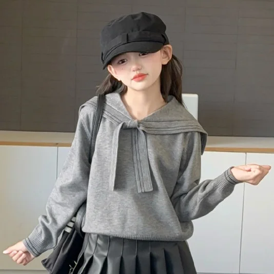 

Children Girls Top Autumn School Girls New Mandarin Collar Knitted Sweater Teenager Girls Simple Solid Long Sleeve Pullover