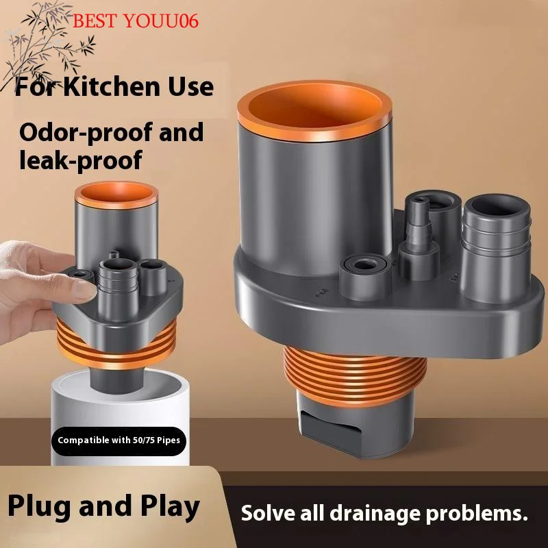 

(YOUU06)Universal 5 In 1 Sealing Ring Sink Drain Pipe Adapter Anti Odor Multifunctional Kitchen Basin Sewer Branch