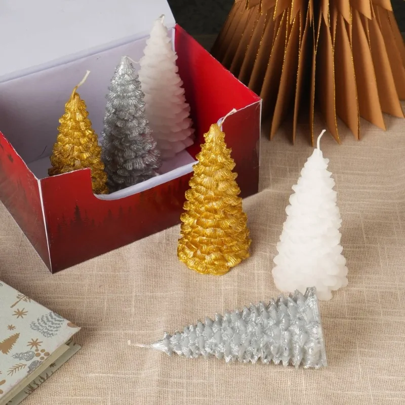 6Pcs Holiday Luster Candle Box Multi Christmas Tree Candles Gold Silver Finishes PDQ Box For Home Decor Holiday Gift
