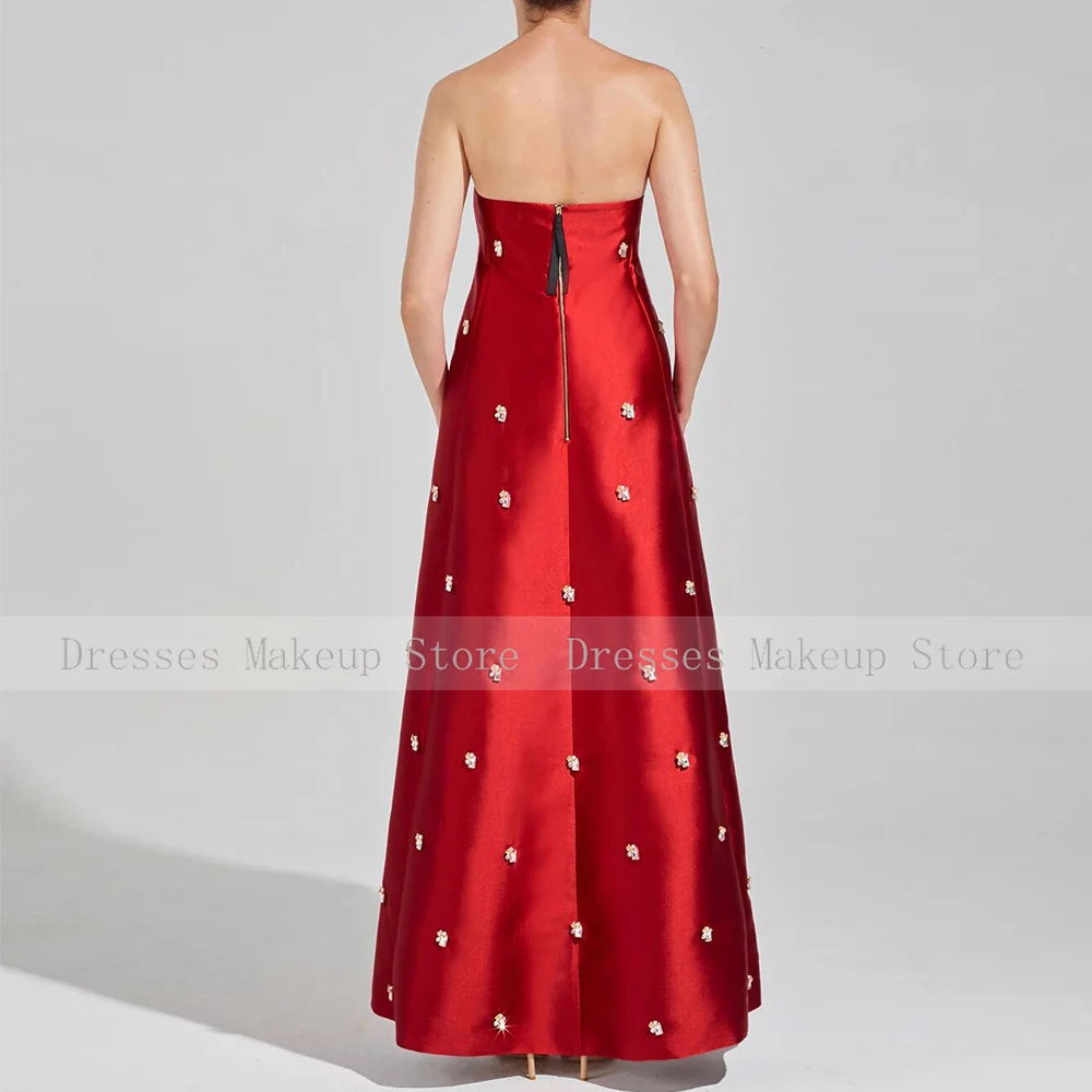 Wedding Guest Dress Exquisite Red Satin Rhinestone Front Fork Long Beaded Evening Gowns A-line Strapless Women's Evening Gowns