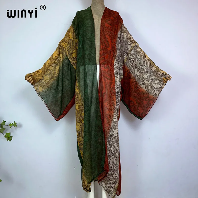 

WINYI kimono boho beach summer Vintage cashew print Bikini Cover-up sexy vestidos para playa long Sleeve beach outfits for women