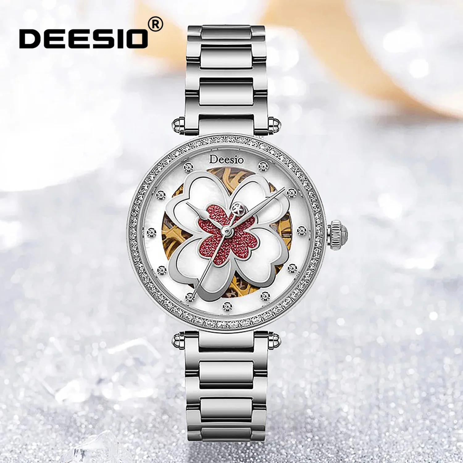 

Deesio Women's Automatic Mechanical Watch Stainless Steel Hollow Dial Luxury Fashion Elegant Watch 50M Waterproof Gift for Her