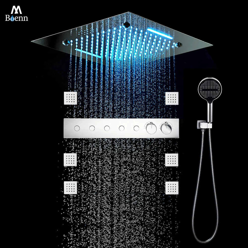 

M Boenn Chrome Shower Set Ceiling 20 Inch Music LED Shower Head Rainfall Bathroom Faucets Smart Thermostat Mixer Shower Diverter