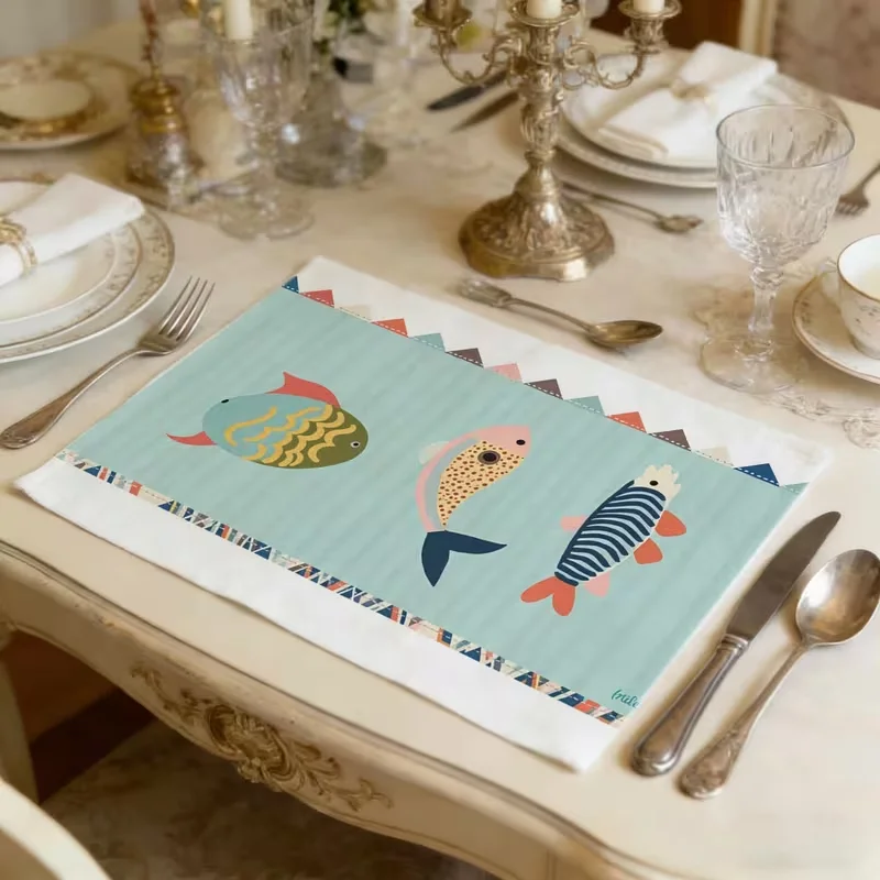 Pastel 3 Cartoon Fishes Placemats Decorative Geometric Border Linen Table Mats Ocean Themed Pads Daily Dining Table Decor