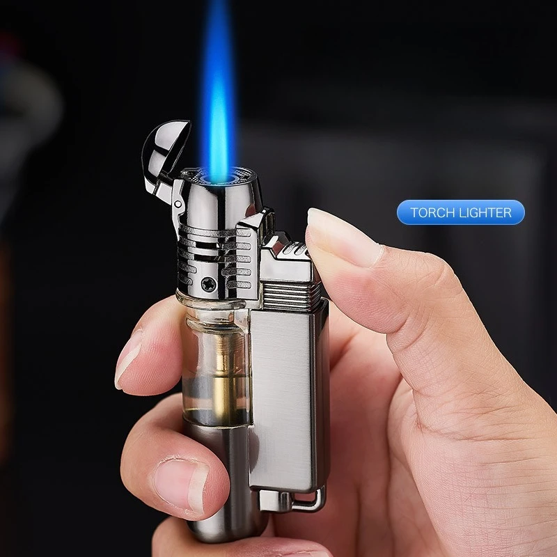 Metal Mini Butane Gas Lighter Visible Gas Window Jet Blue Flame Spray Gun Outdoor BBQ Kitchen Cigar Smoking Accessories Gadgets