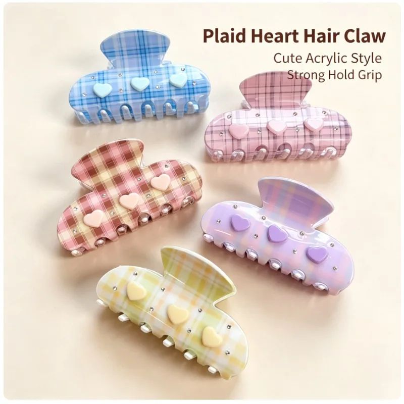 Plaid Heart Decor Hair Claw Clip Women Acrylic Hair Grab Sweet Korean Style Hair Accessories Daily Hairstyle Ornament