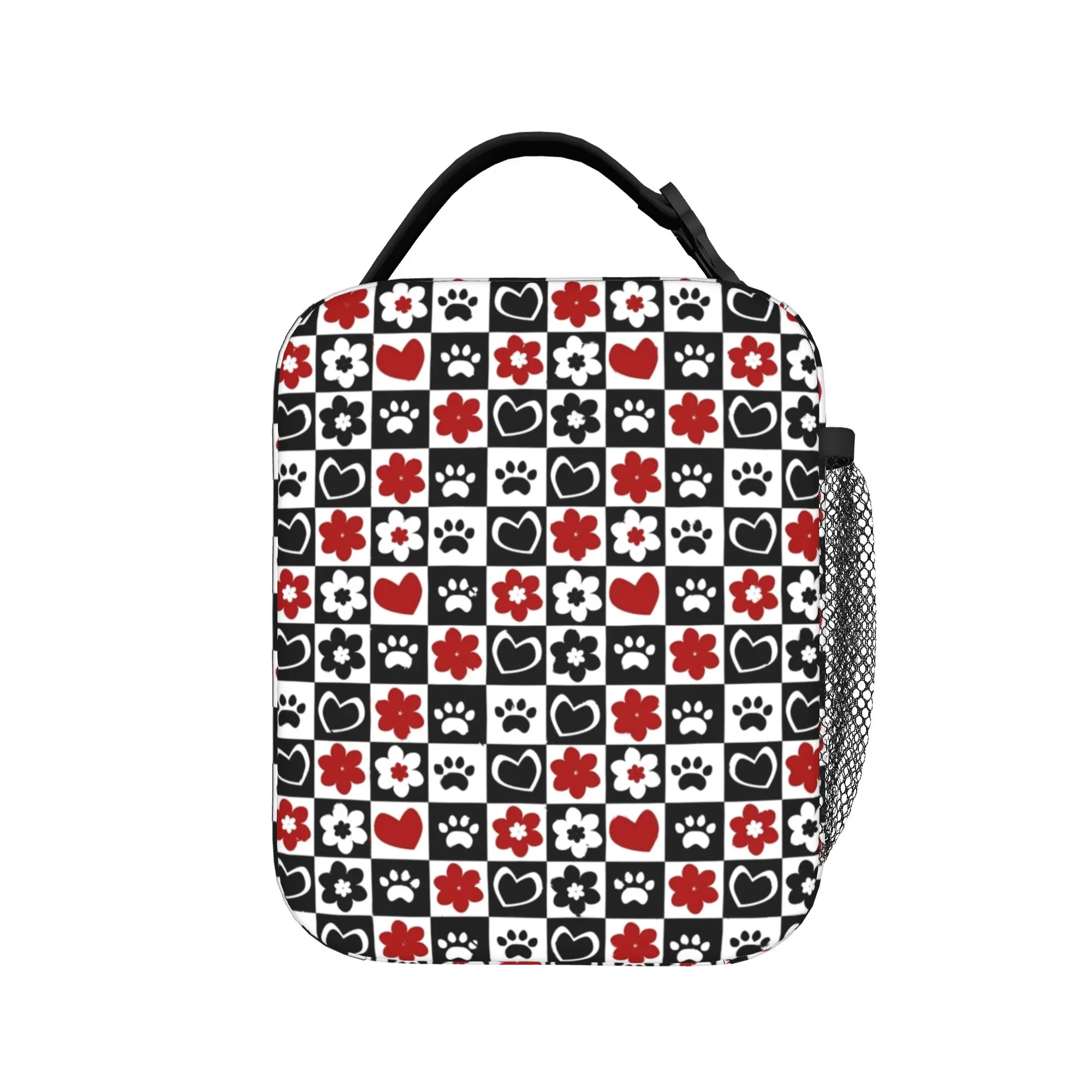 Chessboard Beautiful Flowers Hearts Cat Footprint Lunch Bag  Travel Lunch Box For Men Thermal Lunch Bags Portable Cooler Bag