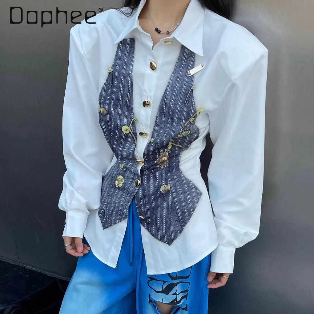 

2026 Spring New Korean Elegant Commuter High-End Striped Print Slim Fit Long Sleeve Shirt Women Metal Pin Color-Block Blouses