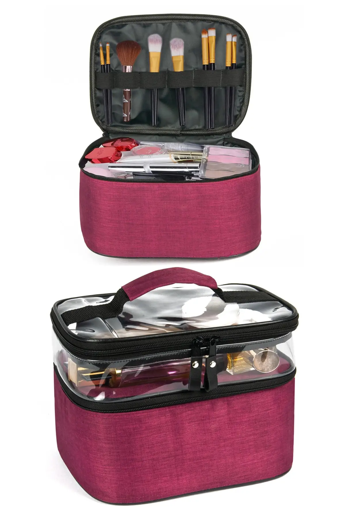 

2022 New Women Lux Makeup Care Bag Accessory Travel Set Daily 2 Compartment Transparent Cosmetic Organizer Claret Red Blue Gray