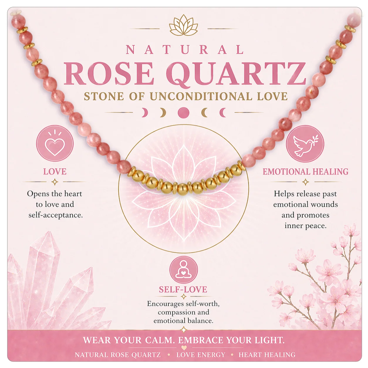 Crystal Beaded Choker Natural Rose Quartz Pink Stone Jewelry Healing Energy Message Card Gift for Her