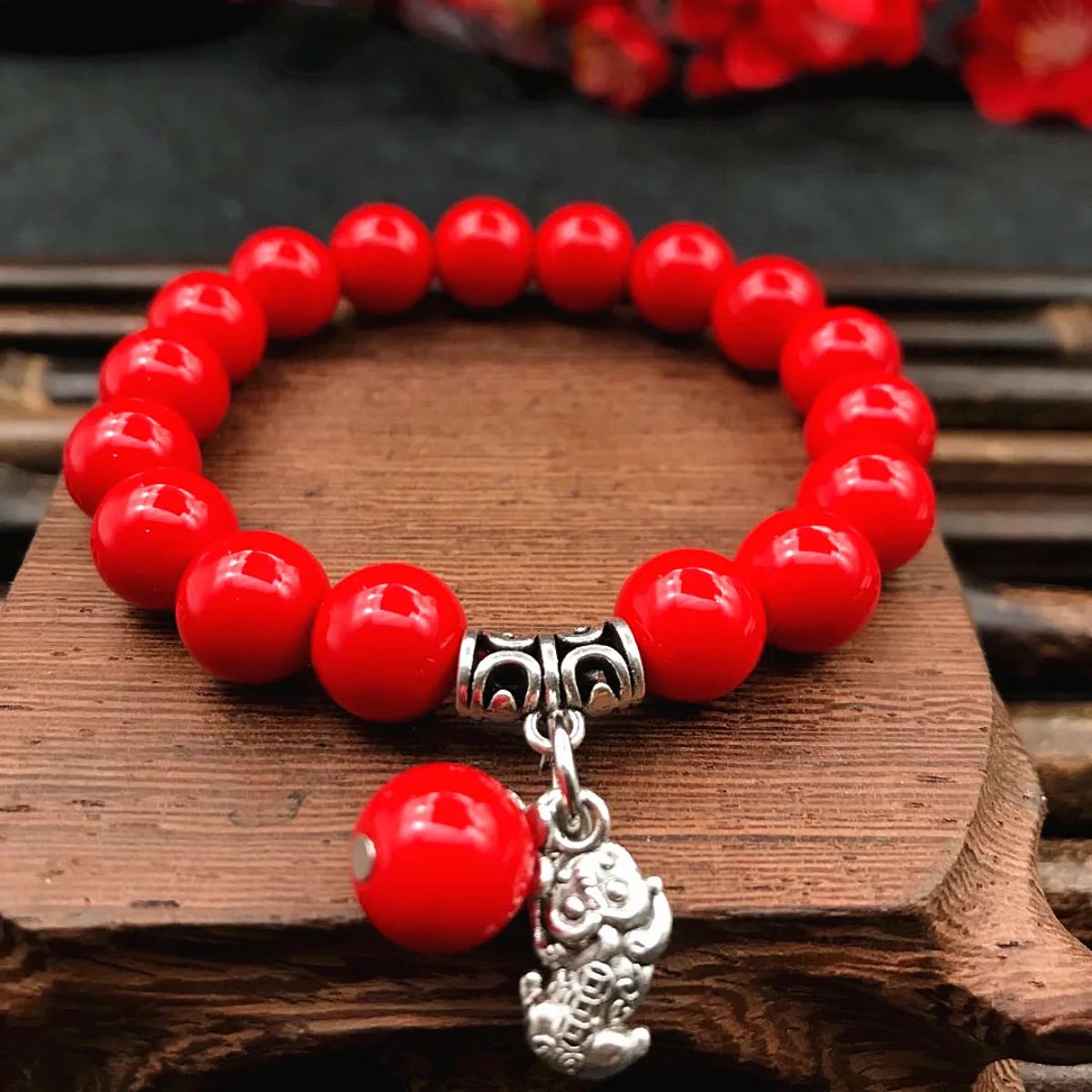 6 8 10 12 14mm Round Imitation Red Coral Bracelet Women's Elastic Leaf Brave Troops Hand Wear Hot Selling Crystal Jewelry Making