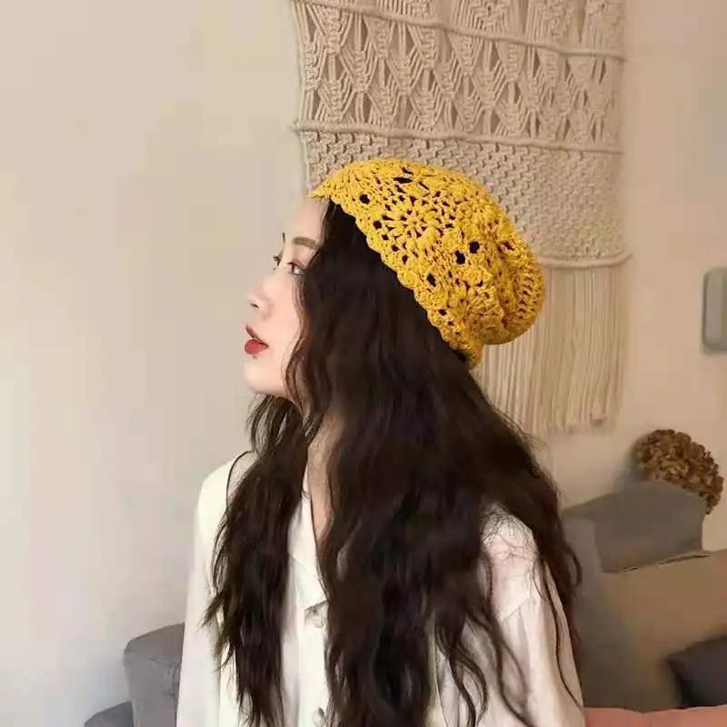 Crochet Hollow Out Thin Fashion Handmade Beanie Hat for Women, Spring and Summer Cotton Knit Cap, Unisex Skullies & Beanies