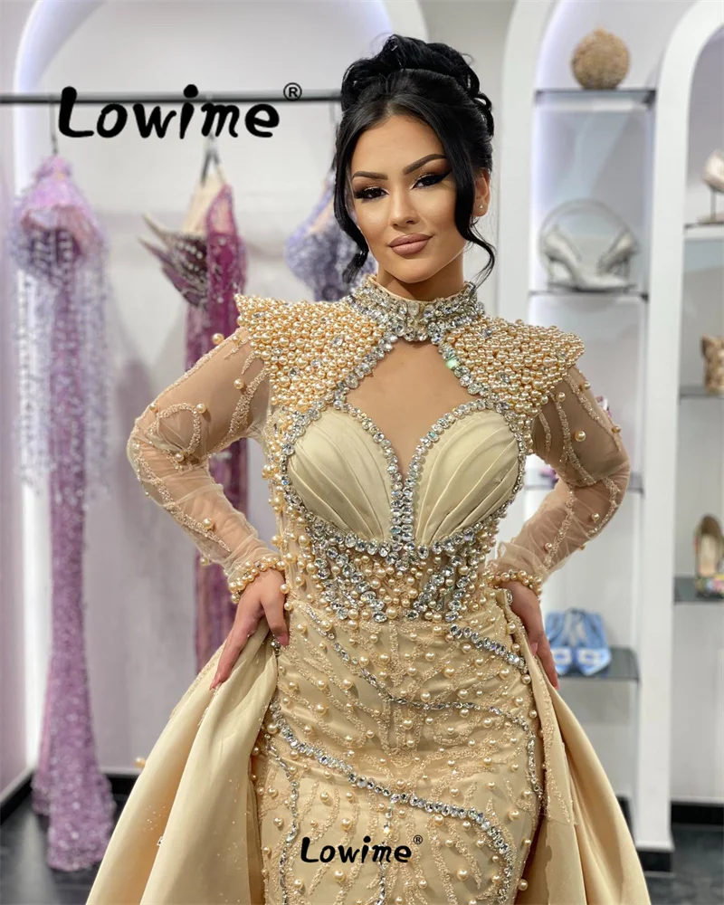 2024 Champagne Arabic Evening Dress Aso Ebi Crystals Beading Party Dress Engagement Gowns 2 In 1 Prom Dresses Vestidos De Fiesta