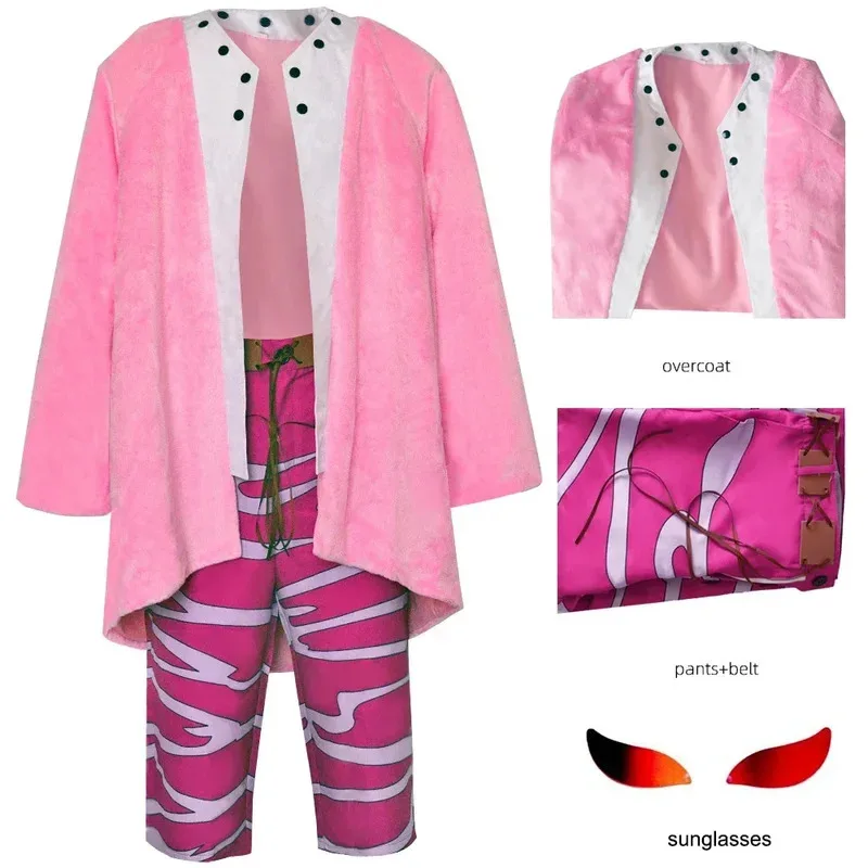 2025 anime donquixote doflamingo cosplay traje adulto homem óculos rosa camisa casaco roupas halloween carnaval festa disfarce su