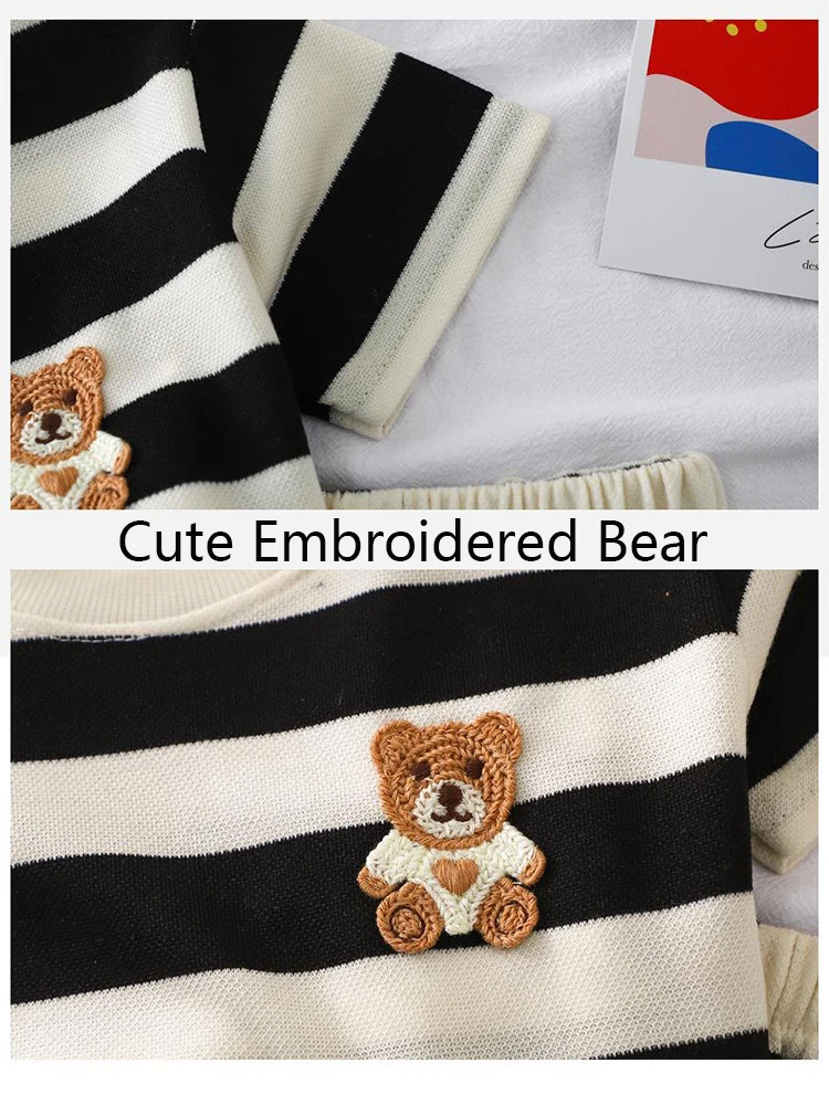 بدلات رياضية مخططة للأطفال ، مجموعات ملابس تطريز دب للرضع ، تي شيرت قصير الأكمام للفتيات ، وشورت قصير الأكمام ، مجموعتان ، الصيف #5