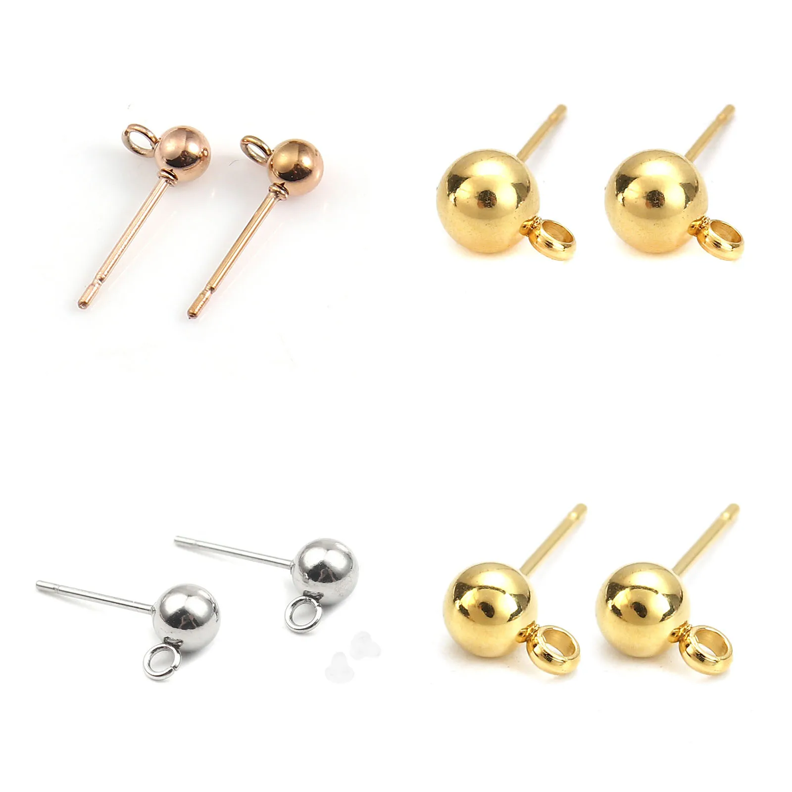 Handmade Stainless Steel Ear Post Stud Earrings Round Ball Gold Color W/ Loop DIY Earrings Women Party Jewelry Findings,6-20PCs