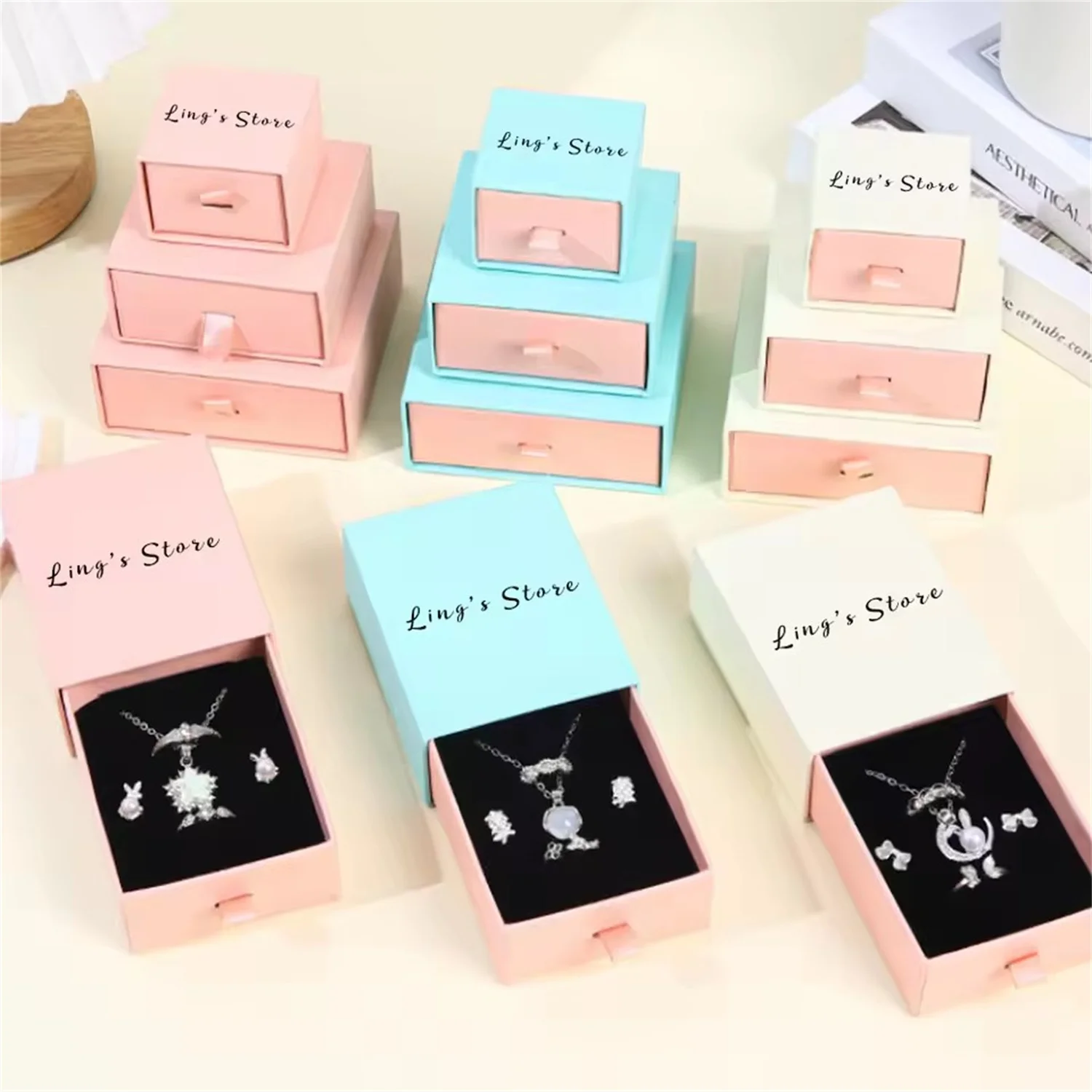 

50Pcs Custom Logo Blue Jewelry Drawer Box Handle Bag Ring Earrings Bracelet Pendant Necklace Studs Gift Packaging Wedding Favors
