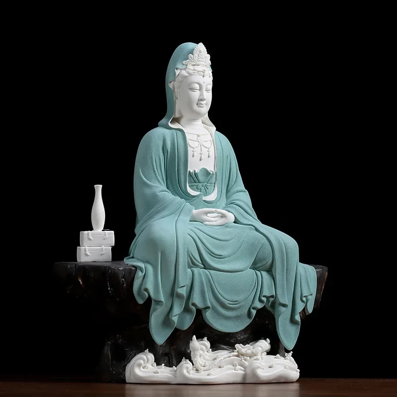 L19-ceramic sitting rock meditation Guanyin ornament Dehua white porcelain free statue sculpture living room entrance decoration