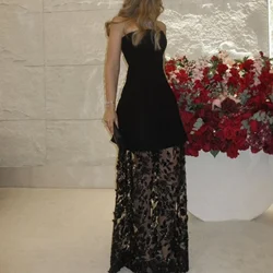Customized A-line Strapless Jersey Prom Gowns Appliques Lace Floor-Length Evening Dresses Backless Sleeveless Party Dresses