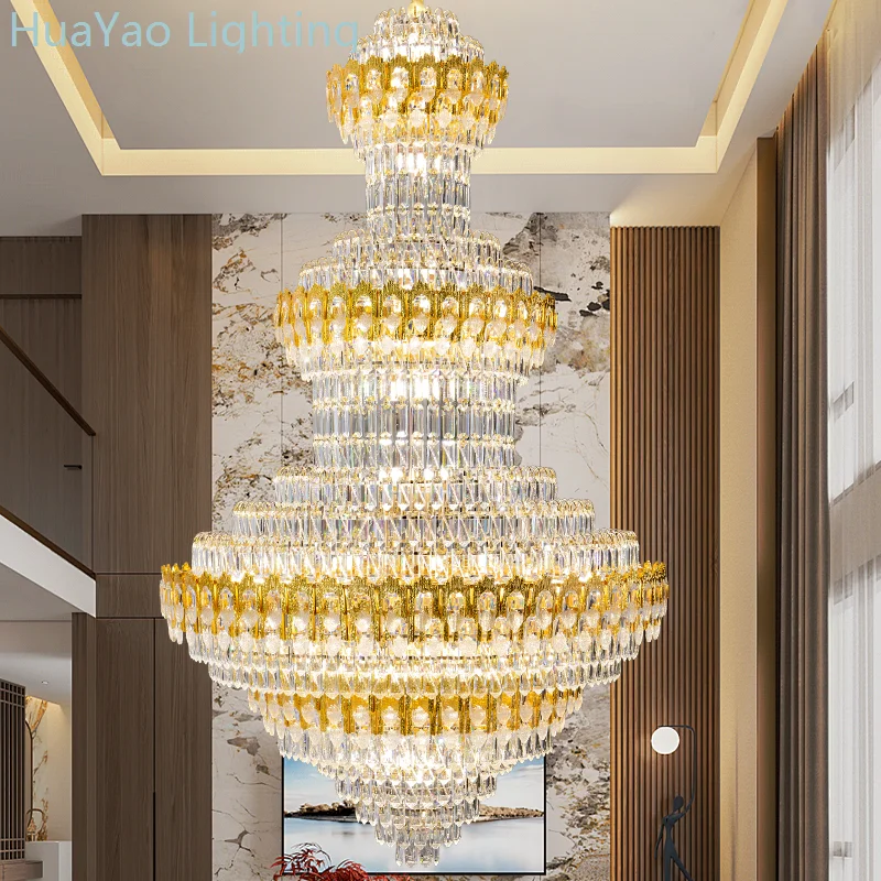 

European Villa Living room Chandelier Hotel Post-Modern Light Luxury Atmosphere Rotating Duplex Staircase Crystal Chandelier