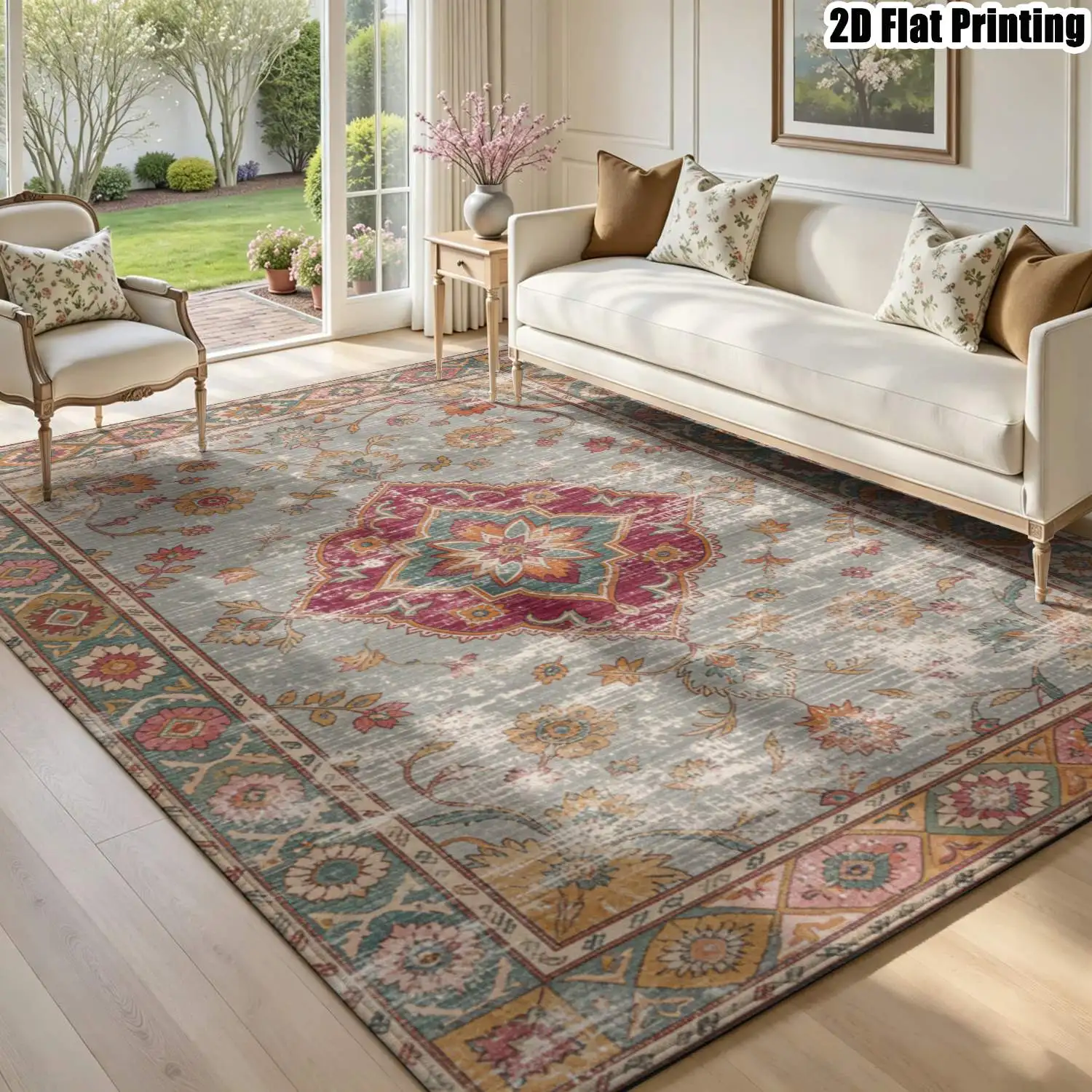 1Pc 2D Printed Retro Blue-Grey Floral Carpet: European/Bohemian/Geometric Style, Home Decor, Multi-Size, Machine Washable, Perfect for Entrance, Dining, Foyer, Bedroom, Living Room as a Mat/Carpet