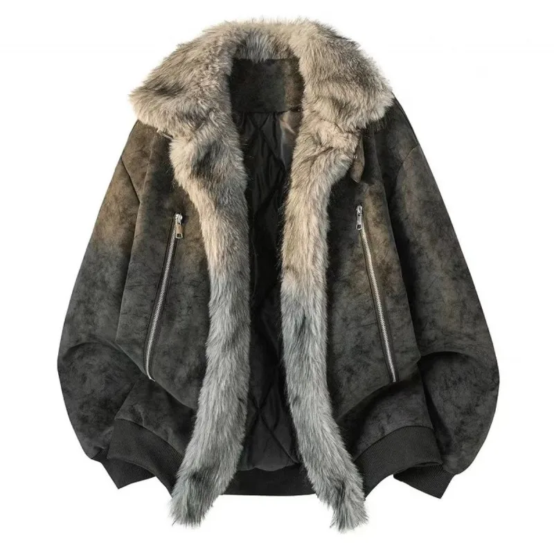 Autumn Winter New Men'S High-Quality Retro Fashion Comfortable Solid Color Loose Casual Plus Velvet Thickened Fur Collar Jacket